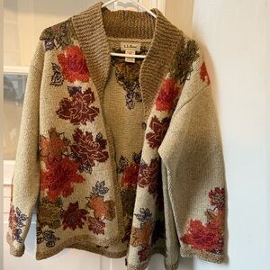 L.L. Bean Vintage Women's Cardigan - Red, Brown, Cream Leaf Design